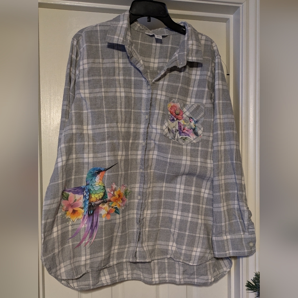 Upcycled Gray Plaid Shirt with Colorful Hummingbird Design